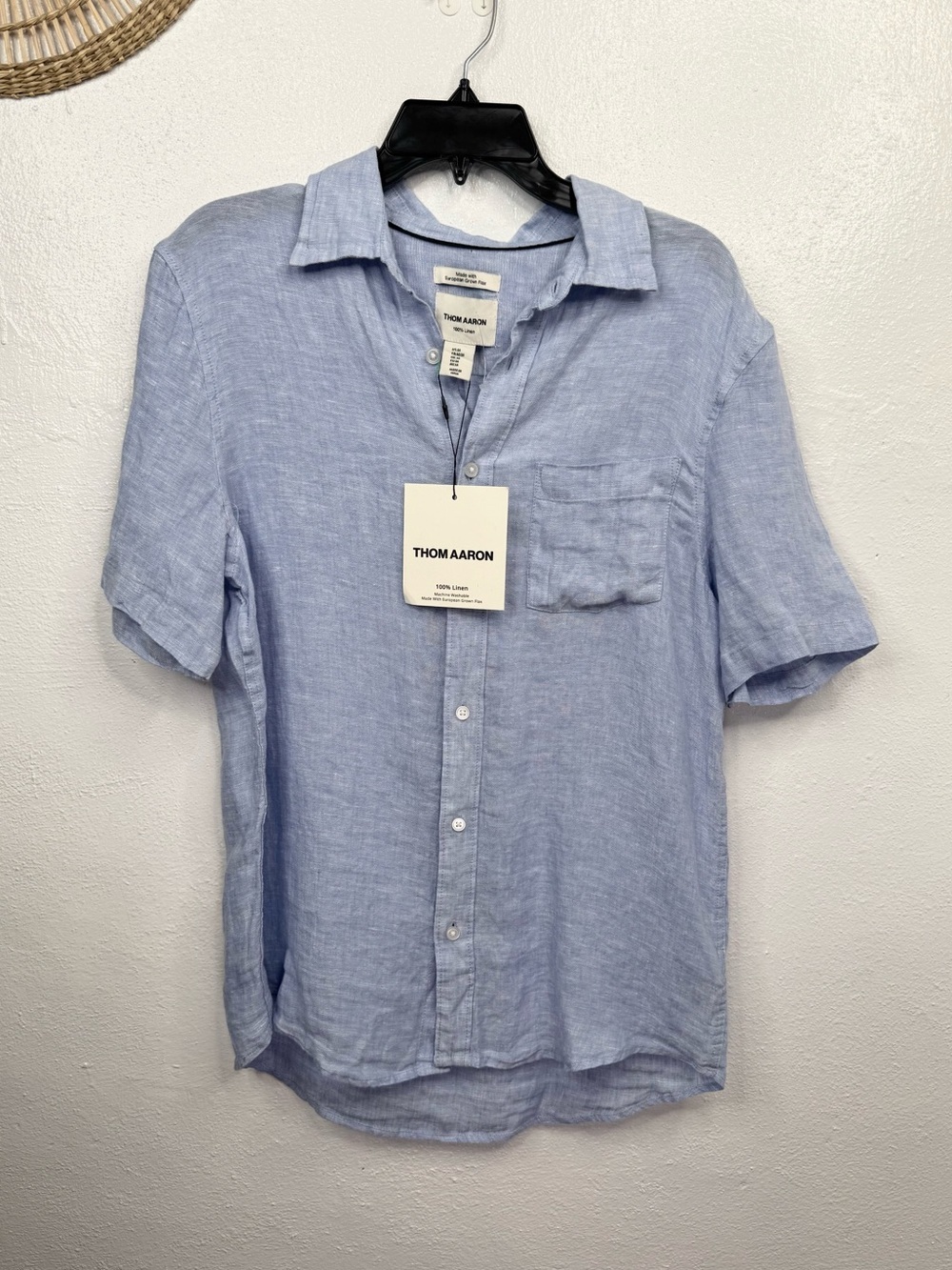 Thom Aaron Linen Button-Up Shirt Men's Size M Light Blue Short Sleeve Chest